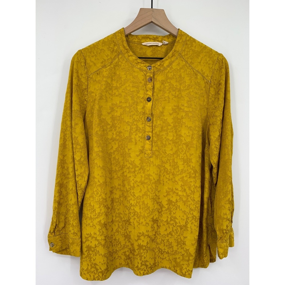 Soft Surroundings Shirt Womens Large Petite Yellow Gold Floral Blouse Fall Color